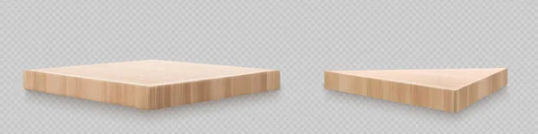 透明な背景に隔離された正方形の木製のボードの現実的なセット 天然オーク ポプラの三角形の木製のプラットフォームの角度ビューのベクトルイラスト 製品ショーのための表彰台 設計サンプル — ストックベクタ