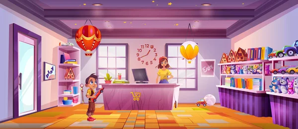 Toy Store Game Interior Vector Cartoon Background Shelf Shop Kids — Stock Vector