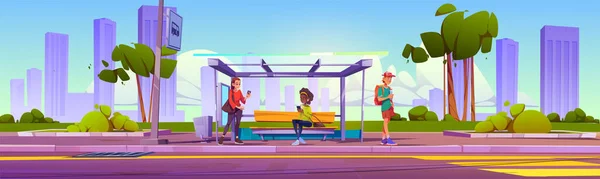 Grupa Ludzi Przystanku Autobusowym Wektor Ilustracja Kreskówki Młodych Mężczyzn Kobiet — Wektor stockowy