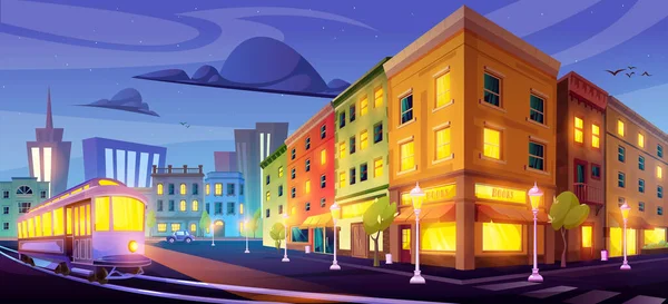 Night City Straat Cartoon Vector Winkel Gebouw Met Stedelijke Wolkenkrabber — Stockvector