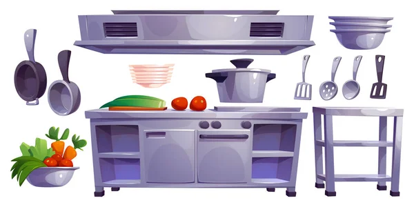Restaurace Kuchyně Interiér Set Pro Kuchaře Vařit Kreslený Vektor Ilustrace — Stockový vektor
