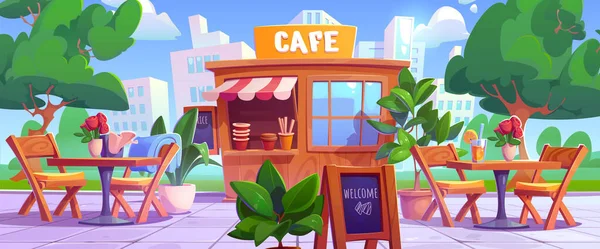 Outdoor Cafe Stand Met Tafel Straat Scène Cartoon Illustratie Buiten — Stockvector