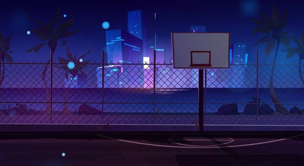 Lapangan Basket Malam Hari Dan Pemandangan Kota Neon Taman Bermain - Stok Vektor