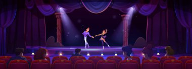 Sahnede perde arkası olan bir balerin gösterisi. Broadway tiyatrosundaki kadın ve erkek çift seyirciyle birlikte. Geceleri sahne ışıkları podyumda dramatik bir olay. Tiyatronun içi.