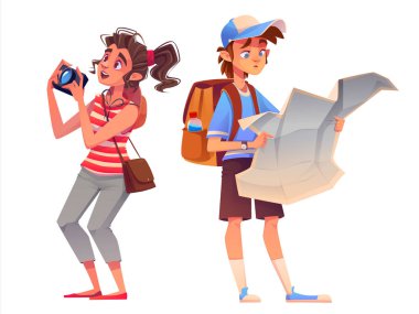 Tourist tourist character with backpack, map and camera isolated tourism illustration. Happy woman photographer sightseeing on holiday vacation. Young man in hat with luggage hitchhiking or trekking clipart