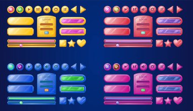 Oyun arayüzü ui simge vektör tasarımını oynat. Video müzik uygulaması için karikatür çerçevesi. Pembe, mavi ve altın rengi yön bulma elementleri. Web sitesi afişi için taşlı bir imza kaynağı