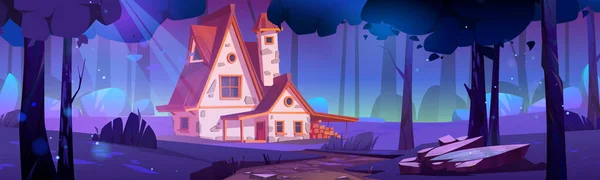 魔女の家の漫画の風景の背景と夜の森 月光ビームで夜に木造小屋とファンタジーハロウィン怖いゲームシーン コテージへのパスを持つパノラマのおとぎ話の環境 — ストックベクタ