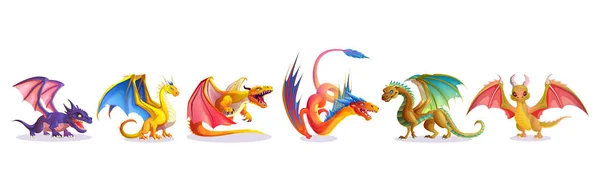 Conjunto Dibujos Animados Dragones Fantasía Aislados Sobre Fondo Blanco Ilustración — Vector de stock