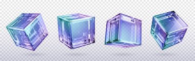 3 boyutlu kristal ışıklı holografik cam küp vektörü izole edilmiş ikon. Gerçekçi geometrik yarı şeffaf blok şekli, mor hologram kırılma ile farklı açılardan ayarlanmış. Geleceğe dönük materyal tırmanışı