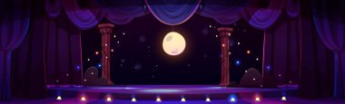 Sahne arkasını açık perdeli komedi gösterisi. Müzik konseri ya da kabare gösterisi için ampul ışığı ve çelenk olan gece tiyatrosu sahnesi. İçi boş opera konsepti. Tiyatro kulübü podyumu