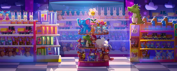 Nacht Spielzeugladen Interieur Mit Rampenlicht Cartoon Hintergrund Magische Vektor Karussell — Stockvektor