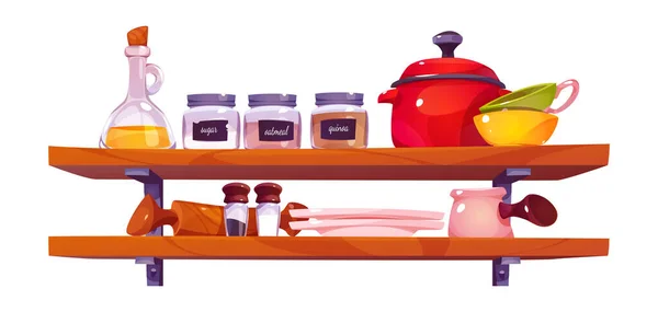 Küchenregal Der Wand Mit Geschirr Und Gewürzgläsern Vektor Cartoon Illustration — Stockvektor