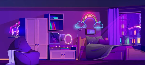 ネオンライトベクトル漫画のイラストと夜の10代の寝室 虹のランプ 食器棚 アームチェア ミラー電球と窓から月明かりとサイバースタジオでの女の子のベッド 紫色の空の家のデザインシーン — ストックベクタ
