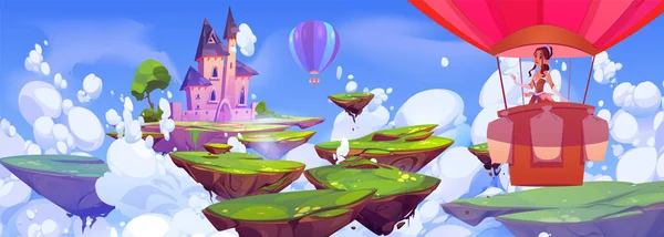 Prinzessin Auf Heißluftballon Fliegen Magischen Burg Cartoon Hintergrund Schöne Fantasie — Stockvektor