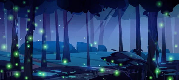 暗闇の中で輝く緑のホタルと夜の森の背景 古い木 茂みや草の間を走る歩道と暗い風景のベクトル漫画イラスト 空気中で輝く魔法のライト — ストックベクタ