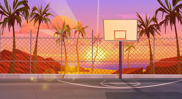 太阳升起在海滩矢量背景附近的街头篮球场上 学校操场体育场 早上在海滨有栅栏 带有棕榈树和太阳光的空旷热带运动场 — 图库矢量图片