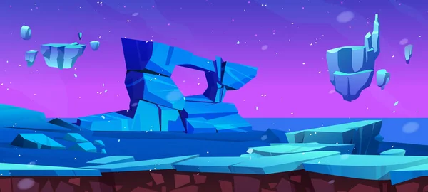 冬の氷エイリアン惑星の風景ゲームの背景 夜のファンタジーRpgのための凍結世界のベクトル宇宙環境 浮遊島と星空のシーンイラストの地球外壁紙 — ストックベクタ