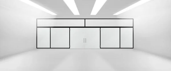 现实的房间 玻璃墙和门模型隔离在透明的背景下 大商店 超级市场 陈列室 天花板上有铅灯的写字楼的矢量图解 — 图库矢量图片
