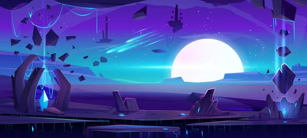 Superficie Del Planeta Alienígena Con Cristal Cueva Ilustración Dibujos Animados — Vector de stock