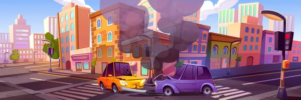 Автокатастрофа Углу Городской Улицы Векторная Карикатура Двух Разбитых Автомобилях Стоящих — стоковый вектор