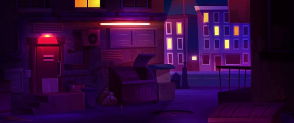 Night City Backstreet Met Schemerige Verlichting Vector Cartoon Illustratie Van — Stockvector