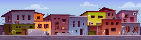 Poor Ghetto City Street District Slum House Building Vector Background — Stock Vector