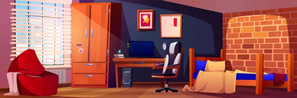 Teen Boys Schlafzimmer Innenraum Mit Möbeln Vector Cartoon Illustration Von — Stockvektor