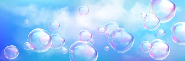 现实的云彩背景与发亮的玻璃泡沫 三维梦幻般的肥皂泡球在云雾空气中飘扬的纹理设计图解 太阳蓝色空间 有积雨云自然雾 — 图库矢量图片