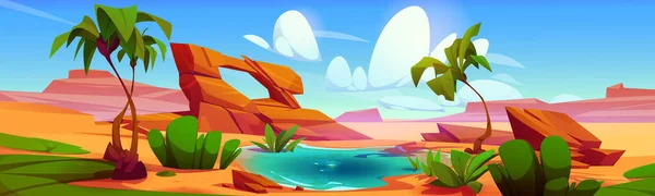 ヤシの木の漫画の背景とドバイ砂漠の水湖のオアシス 夏のベクトルの風景の中に池や植物とアラビア干ばつパノラマ ゲーム蜃気楼のための荒野熱帯自然環境 — ストックベクタ