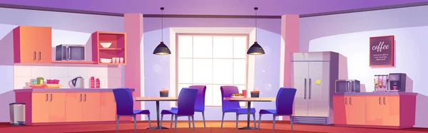 厨房室内设计在办公室午餐背景 休息室 用椅子 微波炉和冰箱吃饭 公司内部的非正式休息区 用于吃糖果或三明治 — 图库矢量图片
