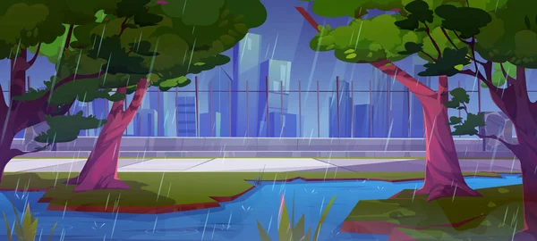 Deštivé Počasí Městský Park Rybníkem Pěšinou Blízkosti Oplocení Přírodní Scenérie — Stockový vektor