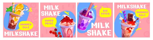 Conjunto Desenhos Animados Banners Promocionais Para Menu Milkshake Ilustração Vetorial — Vetor de Stock