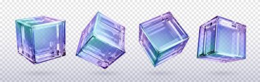 3 boyutlu kristal ışıklı holografik cam küp vektörü izole edilmiş ikon. Gerçekçi geometrik yarı şeffaf blok şekli, mor hologram kırılma ile farklı açılardan ayarlanmış. Geleceğe dönük materyal tırmanışı
