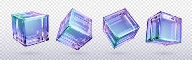 3d crystal light holographic glass cube vector isolated icon. Realistic geometric translucent block shape set with purple hologram refraction on different view. Futuristic gradient material clipart clipart
