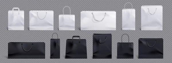 白色和黑色纸袋和处理病媒模型 购物袋模拟了携带食品前景图标商品化设计集 3D可重复使用的零售品牌商品示例 — 图库矢量图片