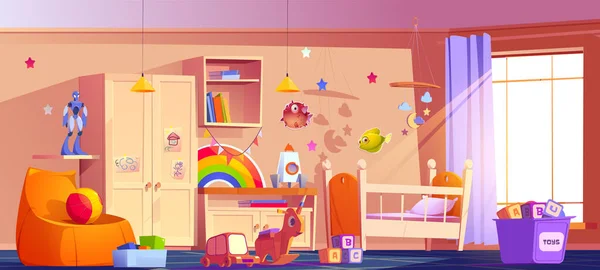 Kindergarten Or Kid Room Interior Vector Illustration Empty Cartoon  Background With Child Toys Tables And Drawer Boxes Modern Room With  Furniture Sunlight From Window And Toys For Kids Stock Illustration -  Download