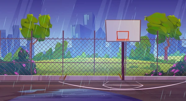 Regen Auf Der Straße Basketballplatz Cartoon Hintergrund Schulspielplatz Der Nähe — Stockvektor