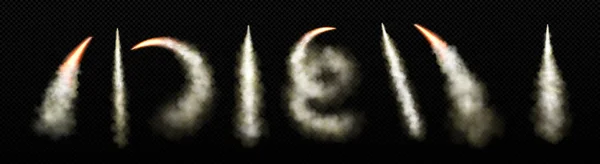 透明な背景に隔離された現実的な煙と火の道のセット 航空機 ミサイル発射 ロケット飛行によって残された曲線結露線のベクトル図 飛行機速度効果 — ストックベクタ