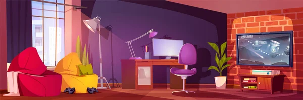 Teen Girls Room Interior Mit Videospiel Auf Vektor Cartoon Illustration — Stockvektor