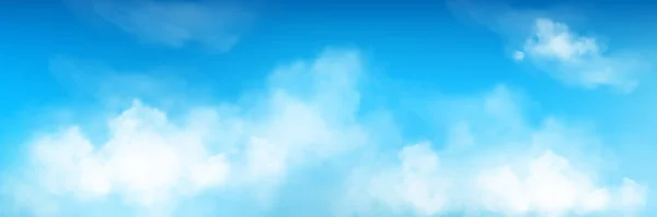 三维现实的天空背景与蓬松的云雾矢量纹理 蓝色的空气模式 白色的抽象云雾天气烟熏的环境 美丽的自然云彩 阳光全景横幅 — 图库矢量图片