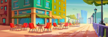 Şehir dışındaki yazlık kafe dış çizgi film vektör çizimi. Dışarıdaki restoran terasında masa, şehir parkına yakın hamak sandalyesi. Şehir manzaralı şehir binasındaki kafe.