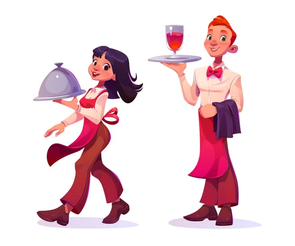 Personaggi Cameriere Cameriera Che Servono Cibo Bevande Isolati Sfondo Bianco — Vettoriale Stock