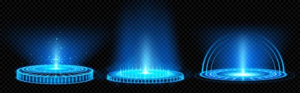 Spieleportal Mit Hologramm Lichttechnologie Und Neonkreiseffekt Magisches Futuristisches Glühpodest Teleportelement — Stockvektor