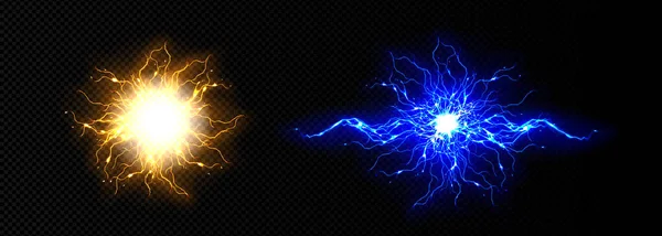 透明な背景に隔離された現実的な稲妻のセット 青と黄色の電気エネルギーボールのベクトル図 落雷の影響の火花閃光 雷雨の電力放電 — ストックベクタ