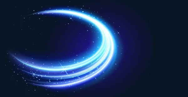 現実的なネオンブルーの光の渦の黒の背景に隔離された 魔法のエネルギー効果のベクトル図 キラキラ光る粒子で輝く円形の歩道 光沢のある渦 — ストックベクタ