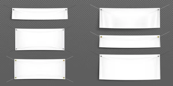 白色现实挂空白面料水平帆布横幅符号矢量在绳上做广告 3D空的纺织材料海报模型集隔离在透明的背景下 挂布标牌 — 图库矢量图片
