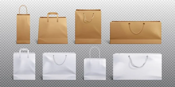 白色和手工纸袋和处理病媒模型 购物袋模拟了携带食品前景图标商品化设计集 3D可重复使用的零售品牌商品示例 — 图库矢量图片