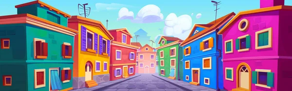 Sunny Italia Città Vecchia Strada Cartone Animato Vettoriale Illustrazione Casa — Vettoriale Stock