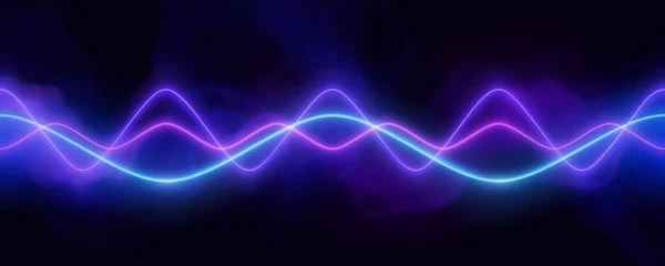 青いネオンオーディオ音声波パルス光 要旨無線電子音楽周波数ベクトル効果の背景 煙とぼやけた曲線のグラフイラストと活気のあるトラックイコライザー波形 — ストックベクタ