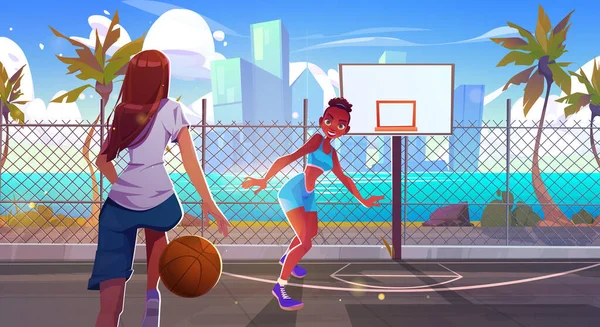 女孩在街头球场 海滩和海面背景打篮球 在海滨有城市景观的篮球比赛体育场 城市体育舞台上的摩天大楼景观与女性之间的竞争 — 图库矢量图片